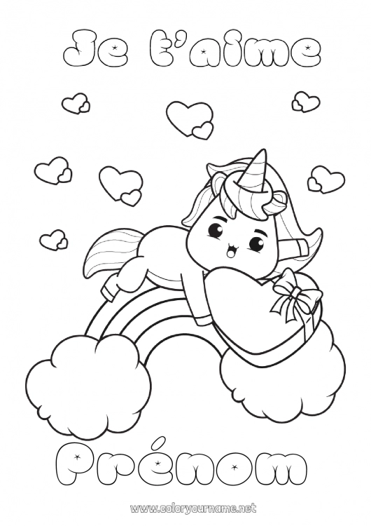 Coloriage à imprimer Mignon Maman Licorne Je t'aime Animal Arc en ciel 