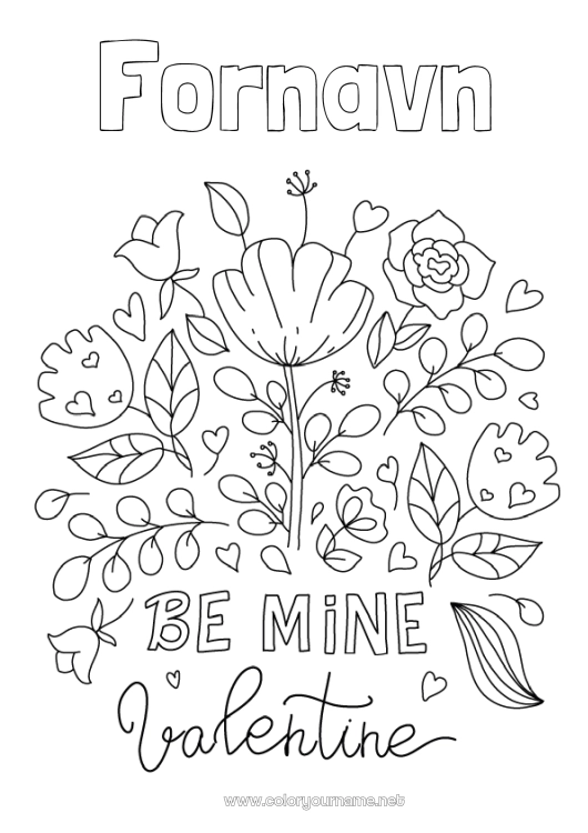 Farvelægningssiden til udskrivning Blomster Jeg elsker dig. Valentinsdag