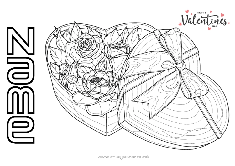 Colouring page to print Flowers Heart I Love You. Valentine's Day "Saint Valentine's Day" Message