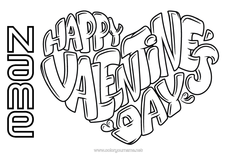 Colouring page to print Heart I Love You. Valentine's Day "Saint Valentine's Day" Message Big Heart