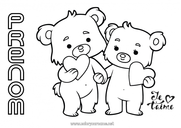 Coloriage à imprimer Ours Coeur Je t'aime Animal Ourson Saint valentin Animaux de la forêt