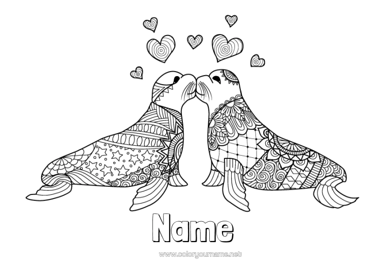 Colouring page to print Mandala I Love You. Animal Valentine's Day Seal