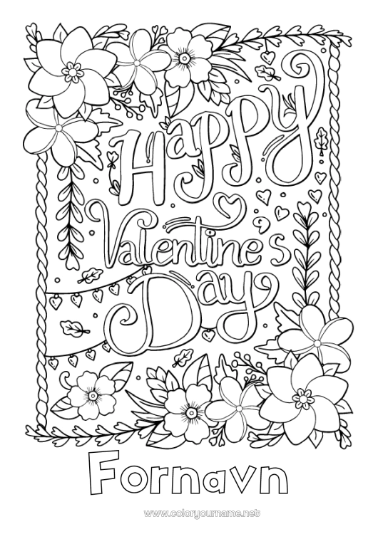 Farvelægningssiden til udskrivning Blomster Jeg elsker dig. Valentinsdag