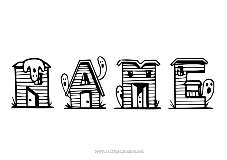 Colouring page to print Ghost Halloween Decorated Name House