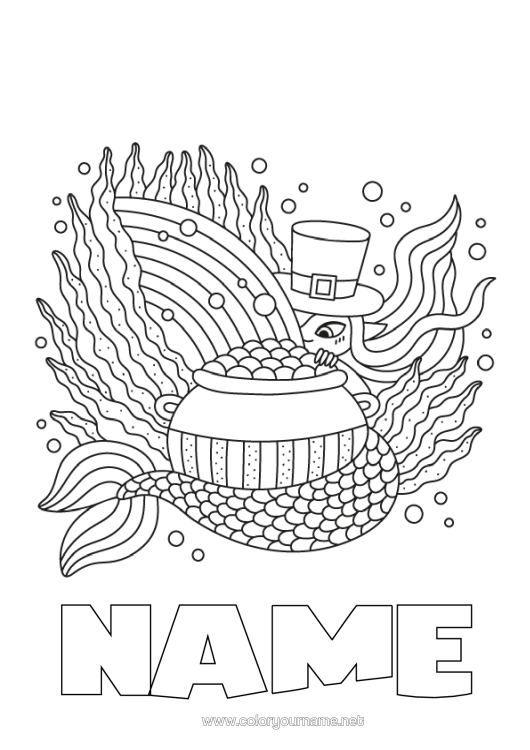 Colouring page to print Magic Cauldron Sea St Patrick's Day Siren Rainbow Fairy Tale