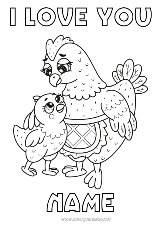 Colouring page to print Mum Grandma Hen Chick I Love You. Animal "I Love You" Farm Animals Cub