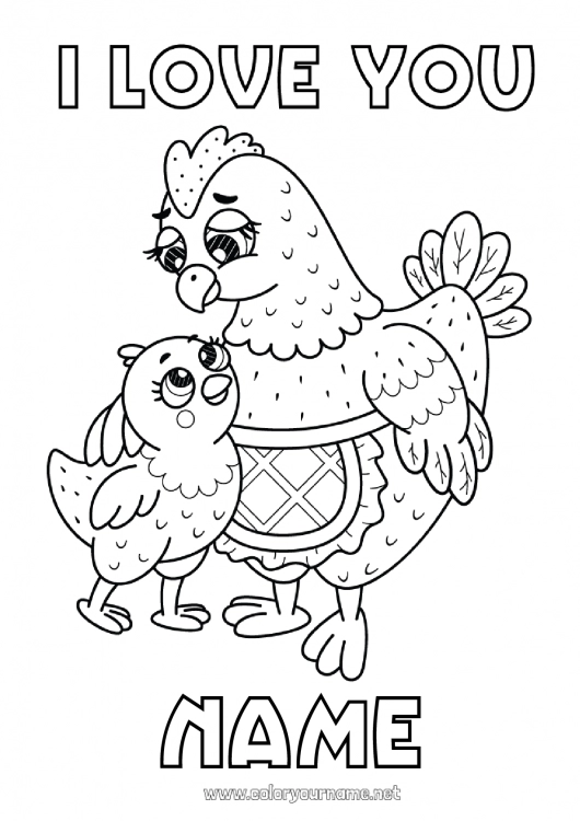 Coloring page to print Mum Grandma Hen Chick I love you Animal 