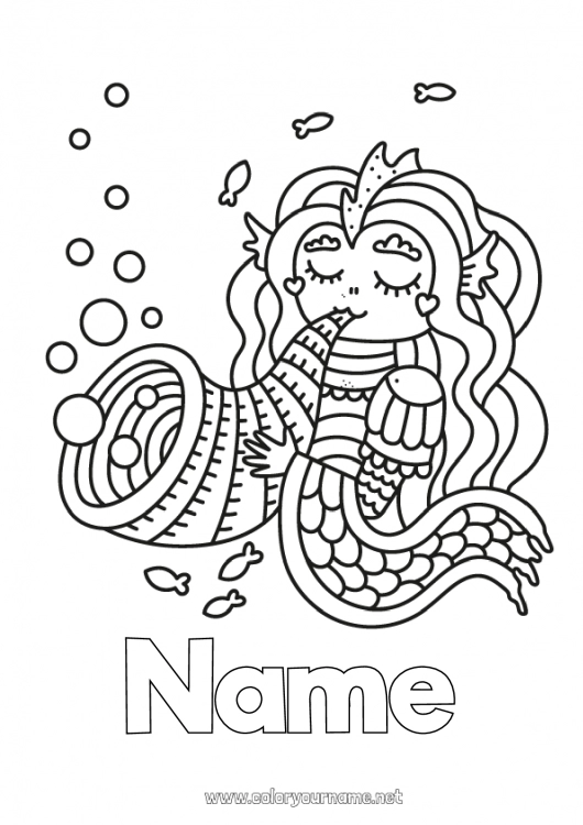 Coloring page to print Sea Mermaid Music Fairy tale World Music Day