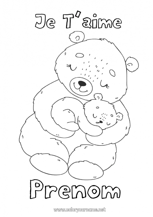 Coloriage à imprimer Ours Mignon Papa Maman Mamie Papi Je t'aime Animal 