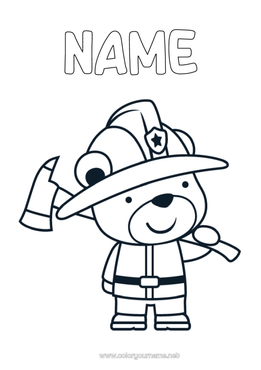 Coloring page to print Bear Cute Fireman firefighter Forest animals Job Security Professions