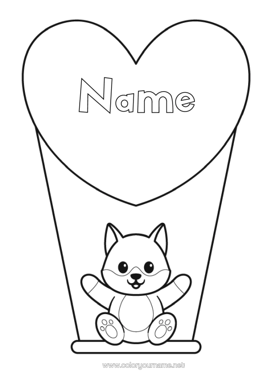 Colouring page to print Wolf Cute Heart Cat I Love You. Animal Big Heart Dogs And Cats Forest Animals Games And Toys Swing