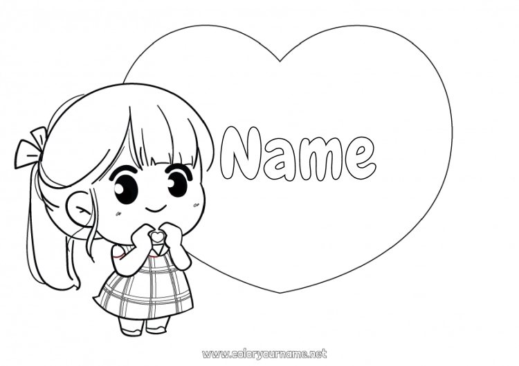 Coloring page to print Cute Heart Kawaii I love you Big heart