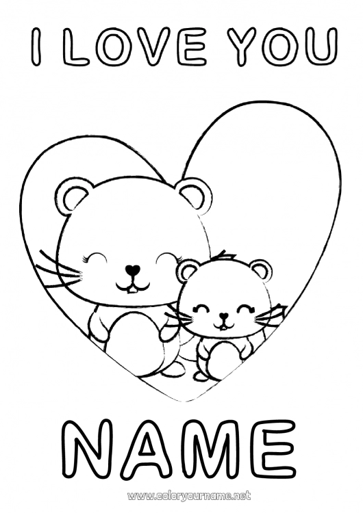 Coloring page to print Heart Mum Grandma Mouse I love you Big heart 