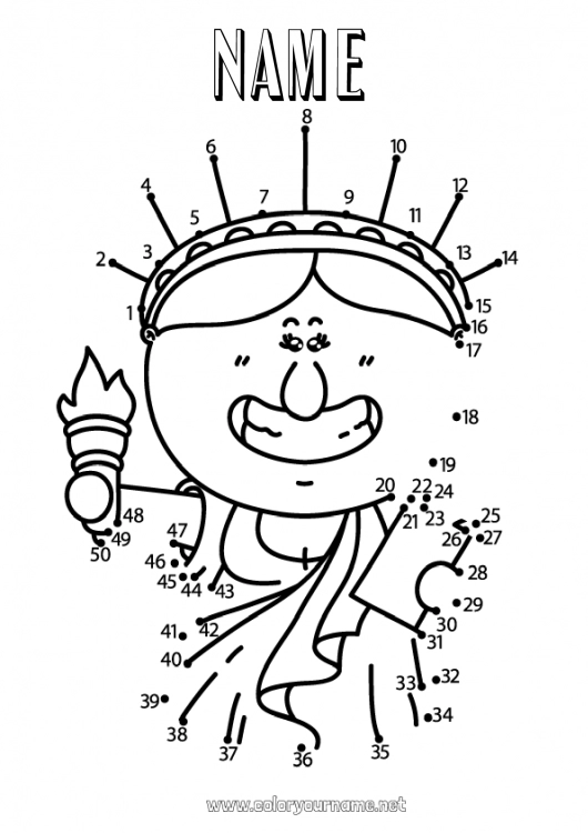 Coloring page to print Children's activities Connect the dots USA Statue of Liberty 4th July Monument