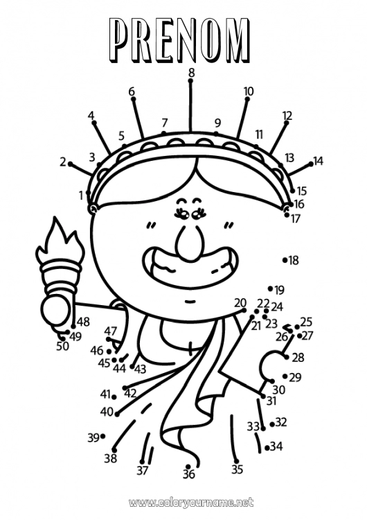 Coloriage à imprimer Activités enfants Points à relier USA Statue de la liberté 4 juillet Monument