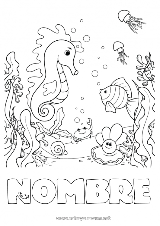 Dibujo para colorear para imprimir Mar Animales Pescado Caballo de mar Cangrejo Conchas marinas Animales marinos o acuáticos