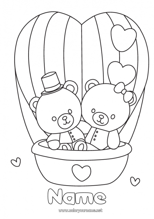 Coloring page to print Bear Heart Teddy Bear Hot air balloon Forest animals Aerial vehicles