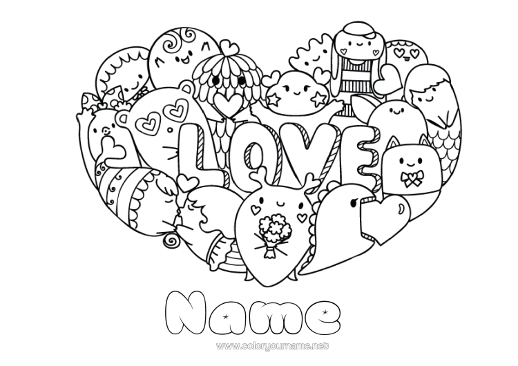 Colouring page to print Monster Heart Cute I Love You. "Love" Message Big Heart
