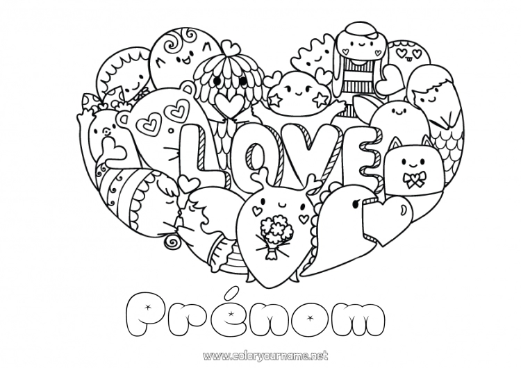 Coloriage à imprimer Monstre Coeur Kawaii Je t'aime 