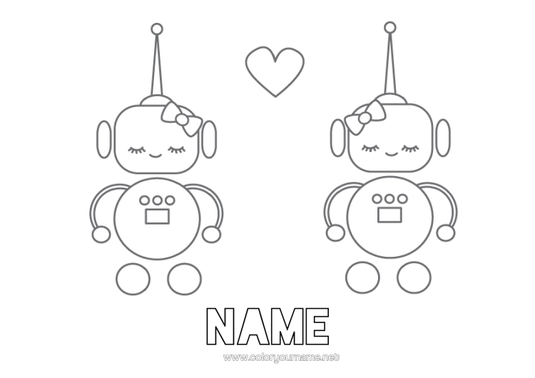 Colouring page to print Robot Heart I Love You. Valentine's Day