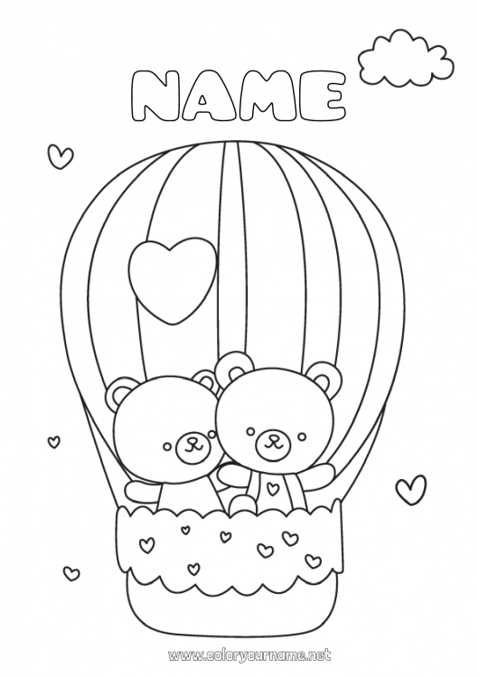 Coloring page to print Bear Heart I love you Animal Teddy Bear Valentine's Day Hot air balloon Forest animals Aerial vehicles