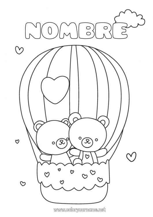 Dibujo para colorear para imprimir Llevar Corazón Te amo Animales Osito Día de San Valentín Globo aerostático Animales del bosque Vehículos aéreos