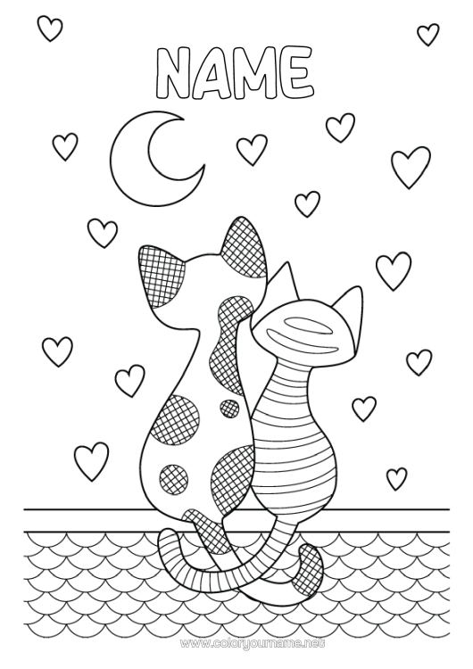 Colouring page to print Heart Cat I Love You. Animal Dogs And Cats
