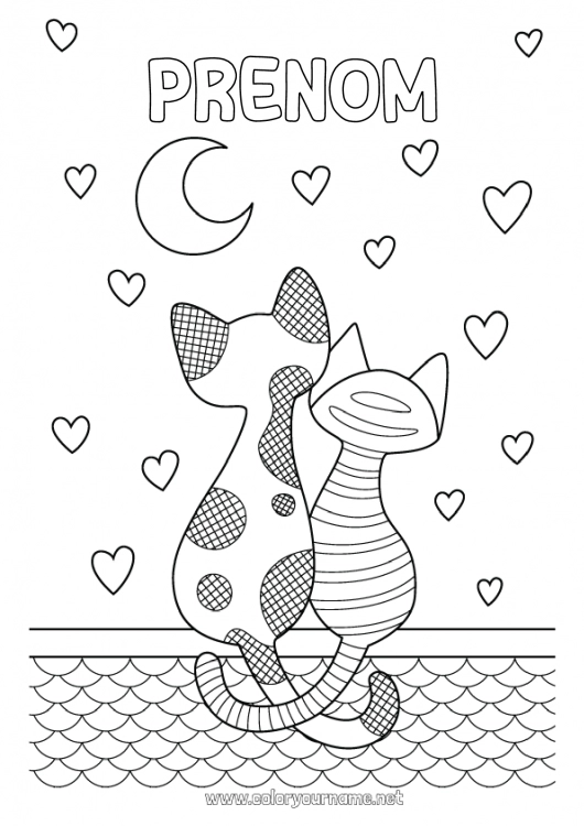 Coloriage à imprimer Coeur Chat Je t'aime Animal Chiens et chats