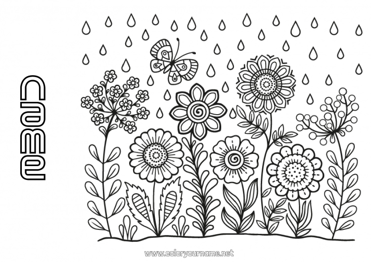 Coloring page to print Flowers Spring Butterfly Insects