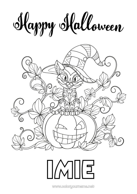Kolorowanka do wydruku Dynia Czarny kot Kot Halloween Psy i koty Napis 'halloween'