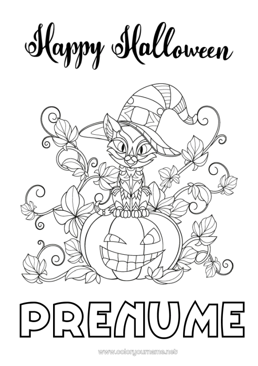 Pagină de colorat de imprimat Dovleac Pisica neagră Pisică Halloween Câini și pisici Înscriere