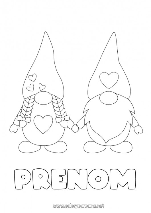 Coloriage à imprimer Coeur Je t'aime Gnome Saint valentin