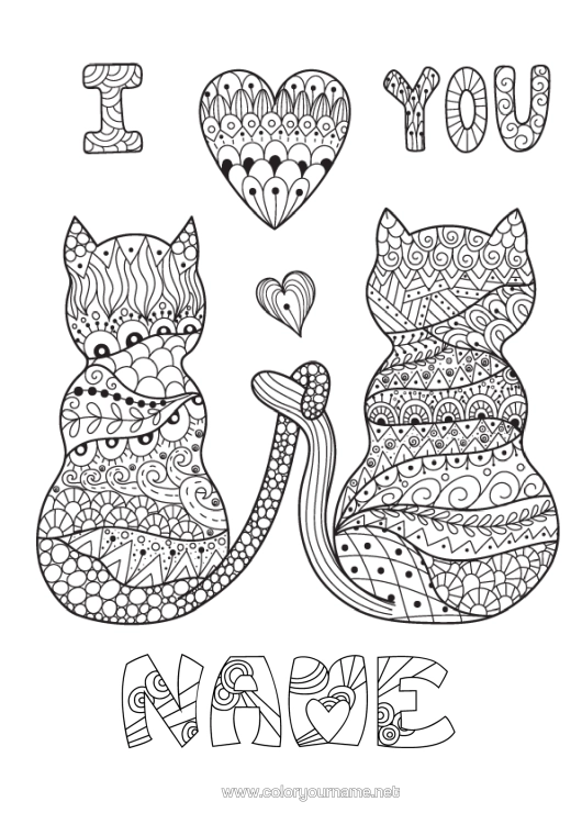 Colouring page to print Heart Cat I Love You. Animal Valentine's Day Dogs And Cats