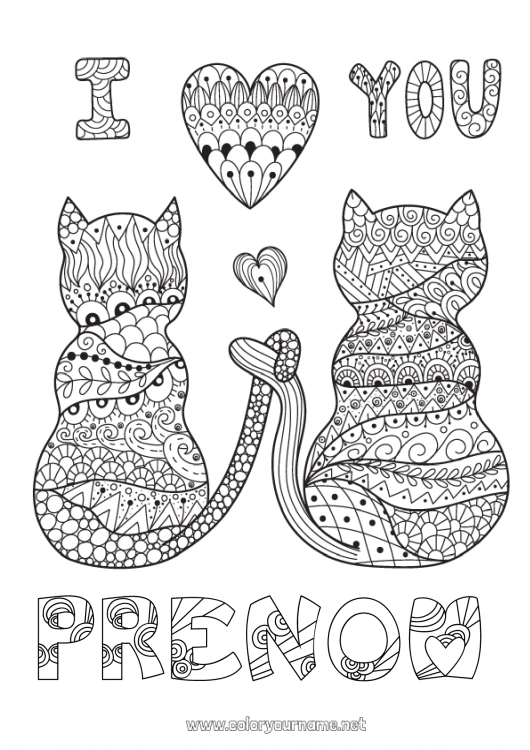 Coloriage à imprimer Coeur Chat Je t'aime Animal Saint valentin Chiens et chats