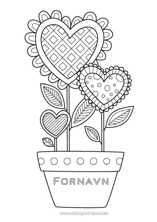 Farvelægningssiden til udskrivning Blomster Rolig og zen Hjerte God fest Jeg elsker dig.