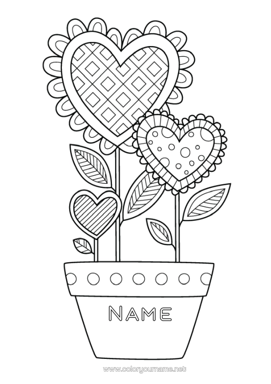 Colouring page to print Flowers Calm And Zen Heart Happy Birthday I Love You.