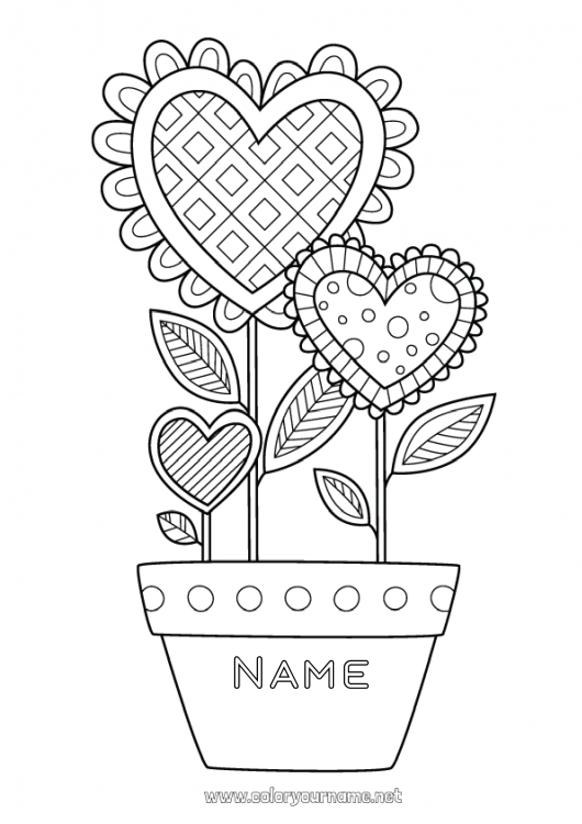 Coloring page to print Flowers Calm and zen Heart Happy feast day ! I love you