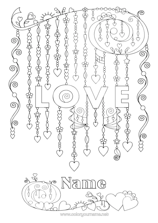Colouring page to print Heart I Love You. "Love" Message