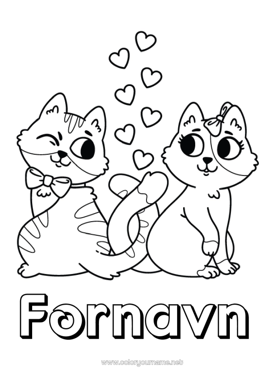 Fargeleggingssiden til utskrift Hjerte Katt Jeg elsker deg. Dyr Valentinsdagen Hunder og katter