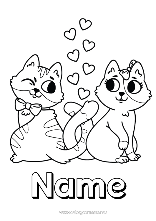 Colouring page to print Heart Cat I Love You. Animal Valentine's Day Dogs And Cats Bow Tie
