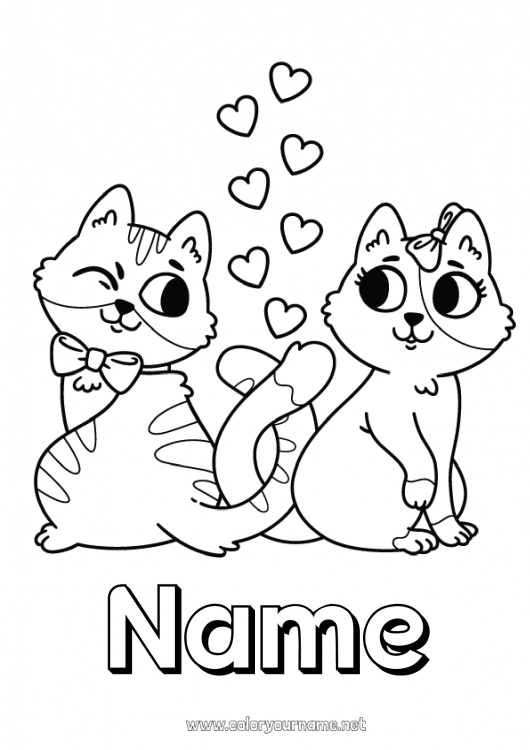 Coloring page to print Heart Cat I love you Animal Valentine's Day Dog and cat