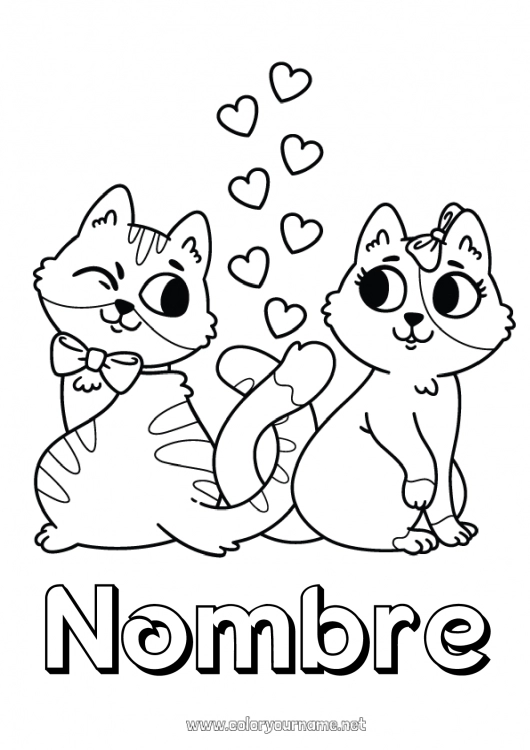 Dibujo para colorear para imprimir Corazón Cat Te amo Animales Día de San Valentín Perros y gatos