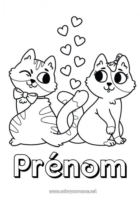 Coloriage à imprimer Coeur Chat Je t'aime Animal Saint valentin Chiens et chats