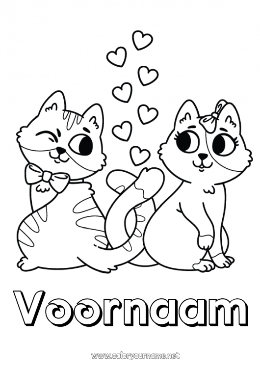 Kleurplaat om af te drukken Hart Kat Ik hou van jou Dier Valentijnsdag Honden en katten