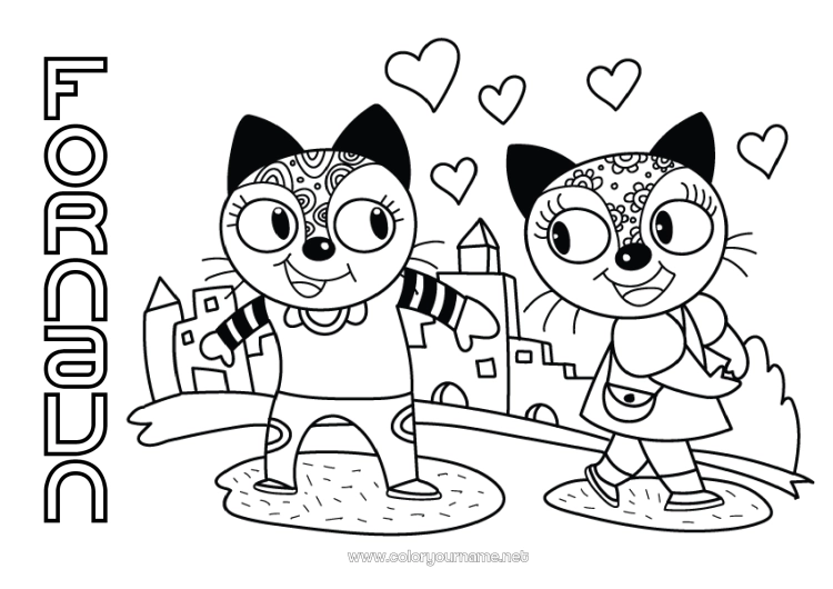 Farvelægningssiden til udskrivning Hjerte Kat Jeg elsker dig. Dyr Valentinsdag Hunde og katte