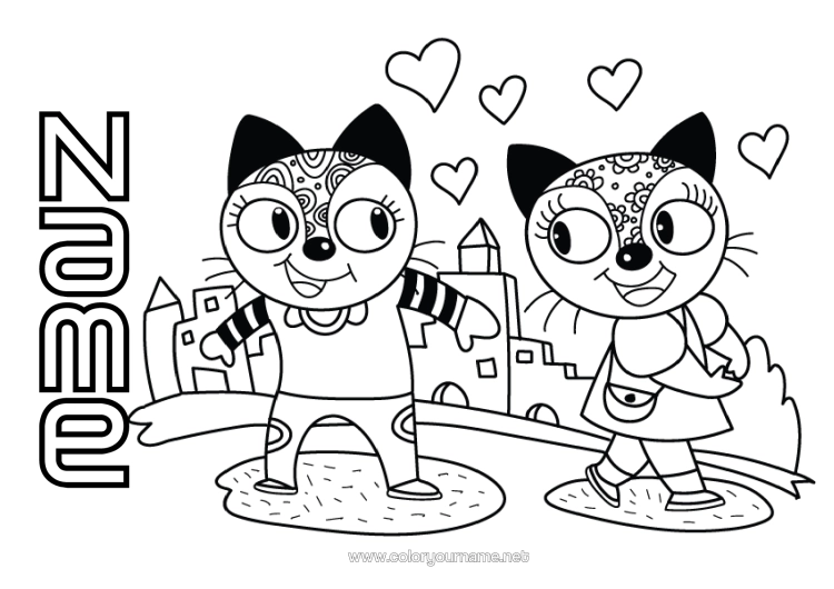 Colouring page to print Heart Cat I Love You. Animal Valentine's Day Dogs And Cats