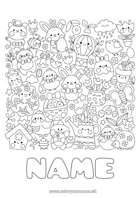 Coloring page to print Kawaii Spring Bunny Symbols Complex coloring pages Forest animals