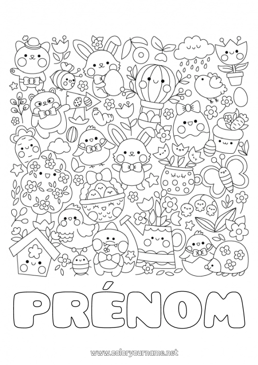 Coloriage à imprimer Kawaii Printemps Lapin Symboles Coloriages complexes Animaux de la forêt