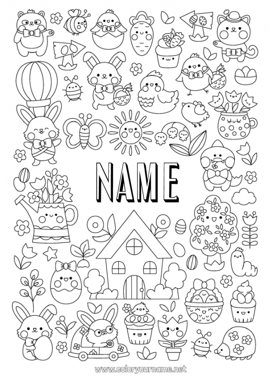 Coloring page to print Kawaii Spring Easter eggs Easter Symbols Complex coloring pages