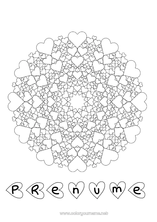 Pagină de colorat de imprimat Inimă Mandala Tată Mama Bunica Bunicul Te iubesc.